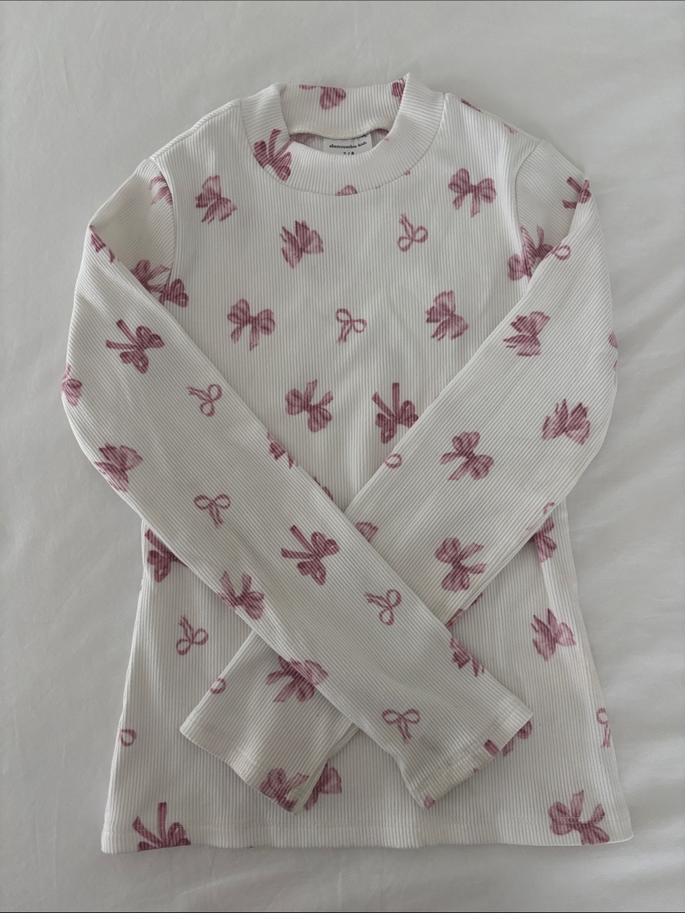 abercrombie kids White Long Sleeve Ribbed Tee with Pink Bow Print